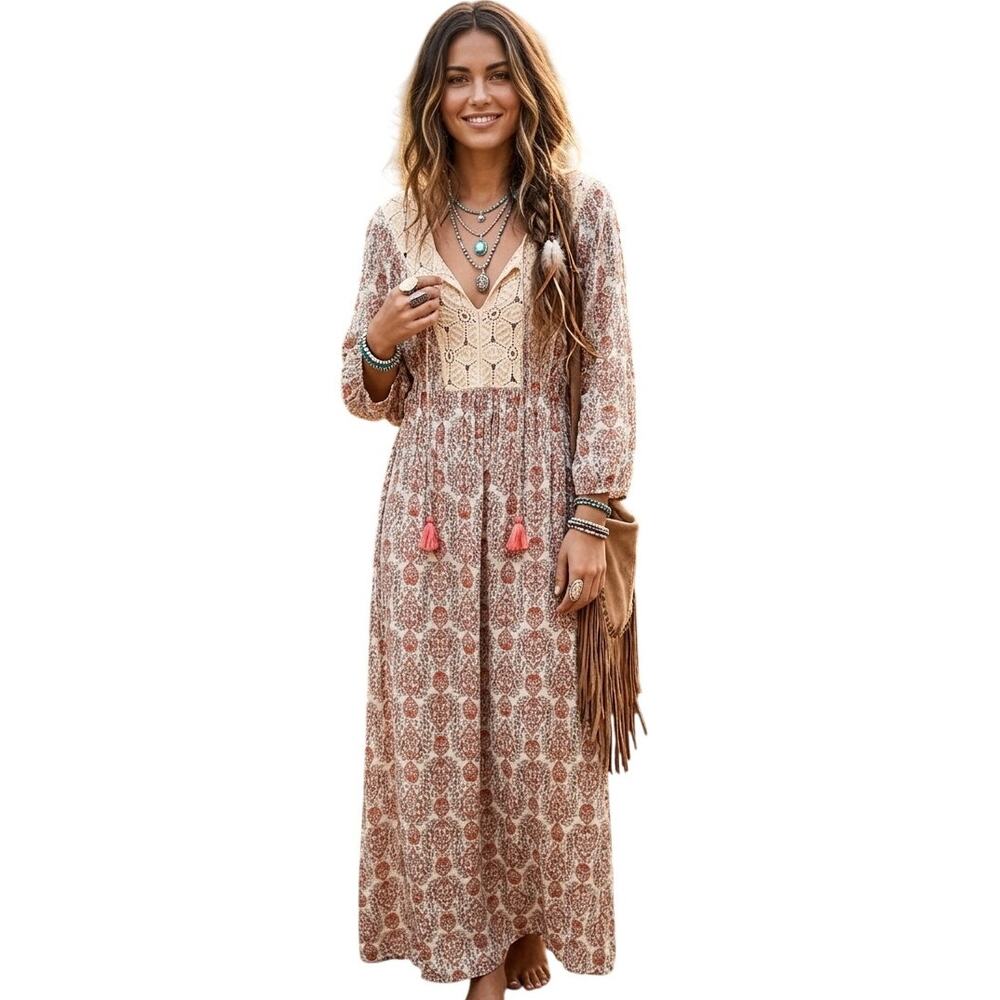 DR2 Boho Maxi Dress Womens XXL Light Blue Paisley Tassel Prairie Cottagecore